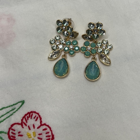Teal Crystal Floral Drop Earrings | Gold Tone | Statement Dangle | Women - Picture 3 of 6